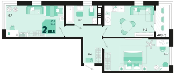 
   Продам 2-комнатную, 65.8 м², Первое место, квартал 1.4, литер 2

. Фото 1.