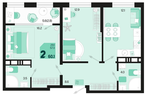 
   Продам 2-комнатную, 60.1 м², Первое место, квартал 1.4, литер 2

. Фото 1.