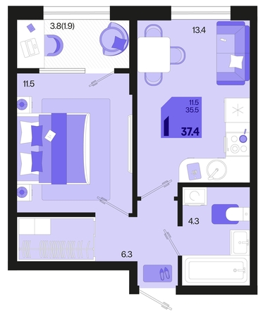 
   Продам 1-комнатную, 37.4 м², Первое место, квартал 1.4, литер 2

. Фото 1.