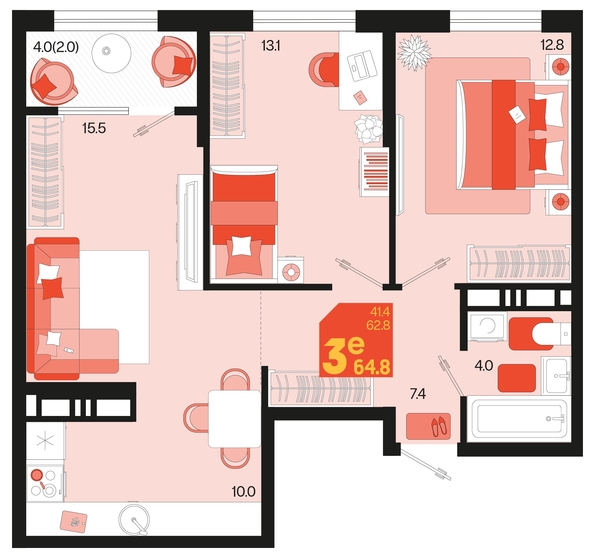 
   Продам 3-комнатную, 64.8 м², Первое место, квартал 1.4, литер 2

. Фото 12.