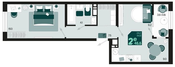 
   Продам 2-комнатную, 46.6 м², Первое место, квартал 1.4, литер 2

. Фото 12.