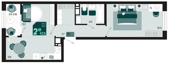 
   Продам 2-комнатную, 47.5 м², Первое место, квартал 1.4, литер 2

. Фото 1.