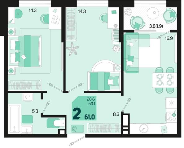 
   Продам 2-комнатную, 61 м², Первое место, квартал 1.4, литер 2

. Фото 1.