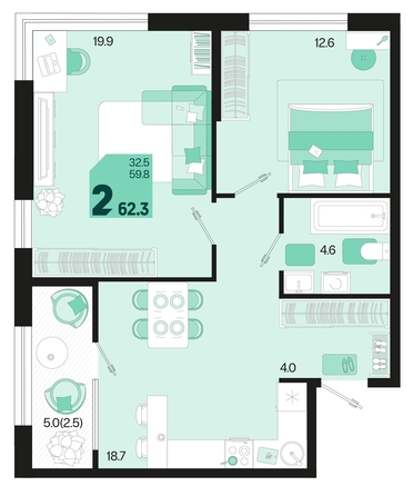 
   Продам 2-комнатную, 62.3 м², Первое место, квартал 1.5, литер 1

. Фото 1.