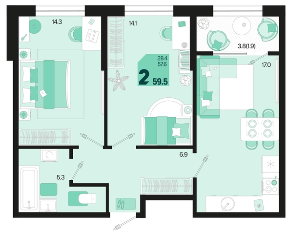 
   Продам 2-комнатную, 59.5 м², Первое место, квартал 1.5, литер 1

. Фото 1.