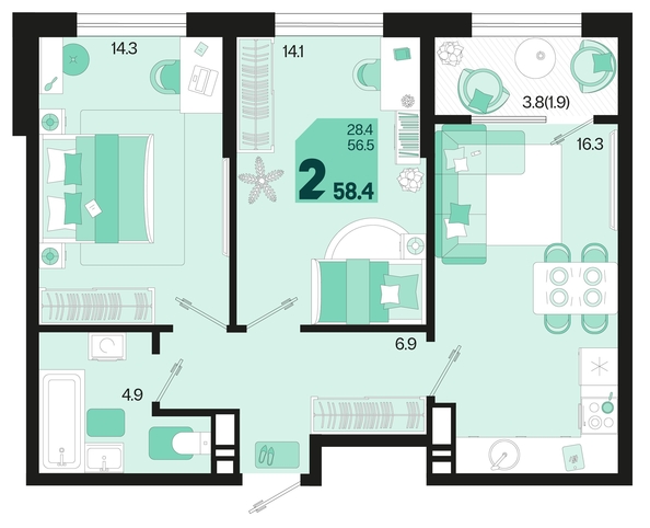 
   Продам 2-комнатную, 58.4 м², Первое место, квартал 1.5, литер 1

. Фото 1.