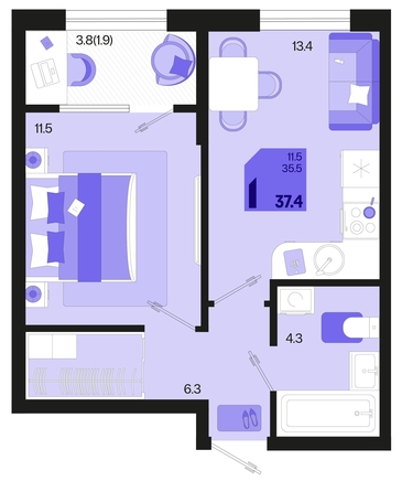 
   Продам 1-комнатную, 37.4 м², Первое место, квартал 1.5, литер 1

. Фото 1.