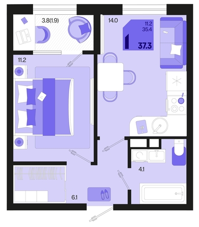 
   Продам 1-комнатную, 37.3 м², Первое место, квартал 1.5, литер 1

. Фото 1.