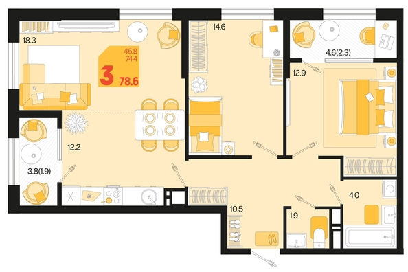 
   Продам 3-комнатную, 78.6 м², Первое место, квартал 1.5, литер 1

. Фото 1.