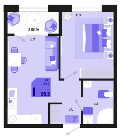 
   Продам 1-комнатную, 36.3 м², Первое место, квартал 1.5, литер 1

. Фото 1.