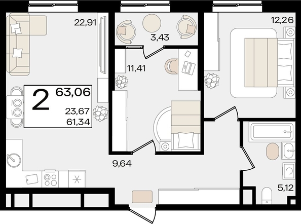 
   Продам 2-комнатную, 63.06 м², Патрики, литер 1.1

. Фото 7.