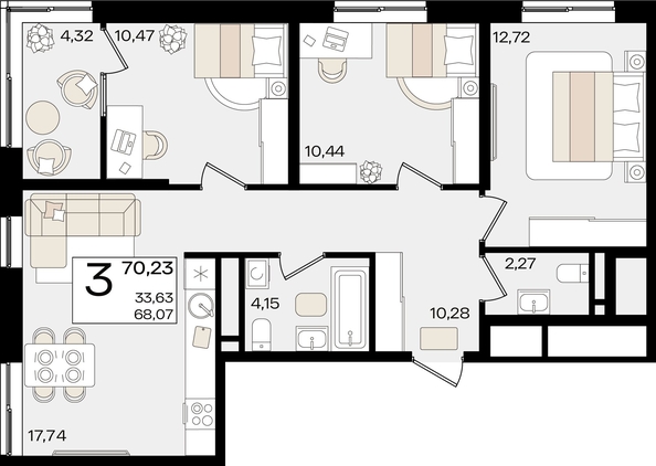 
   Продам 3-комнатную, 70.23 м², Патрики, литер 1.5

. Фото 4.