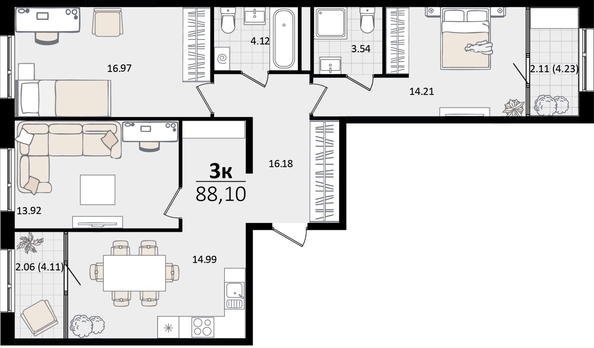 
   Продам 3-комнатную, 88.1 м², Патрики, литер 4.1

. Фото 8.