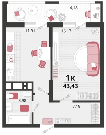 
   Продам 1-комнатную, 43.43 м², Родные просторы, литера 13

. Фото 4.