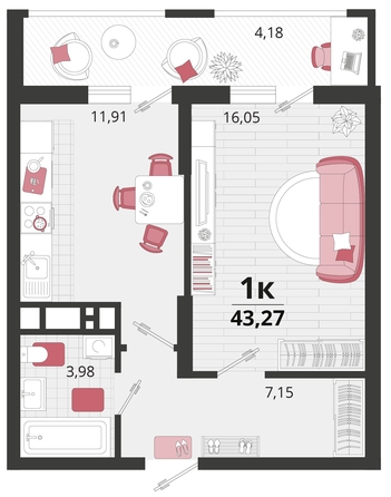 
   Продам 1-комнатную, 43.27 м², Родные просторы, литера 13

. Фото 4.