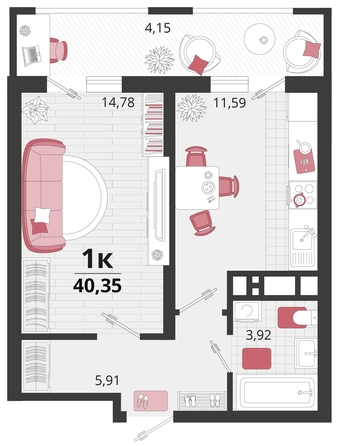 
   Продам 1-комнатную, 40.35 м², Родные просторы, литера 14

. Фото 4.