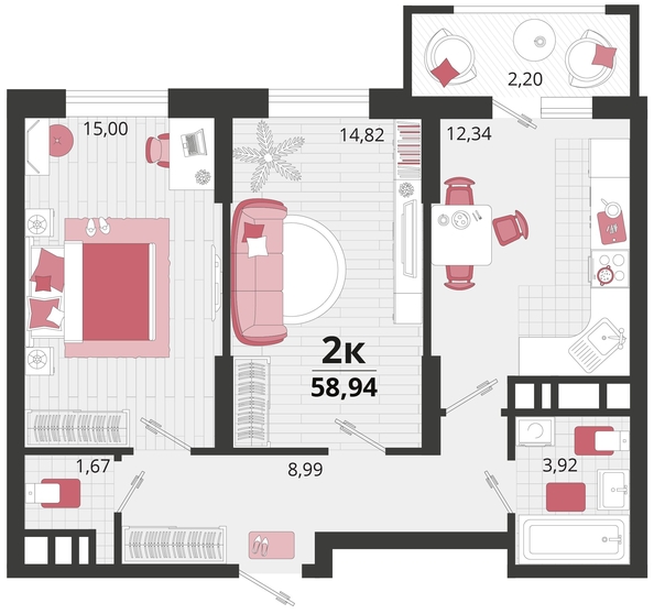 
   Продам 2-комнатную, 58.94 м², Родные просторы, литера 14

. Фото 4.