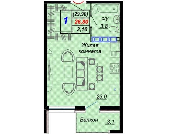 
   Продам 1-комнатную, 29.6 м², Российская ул, уч12

. Фото 3.