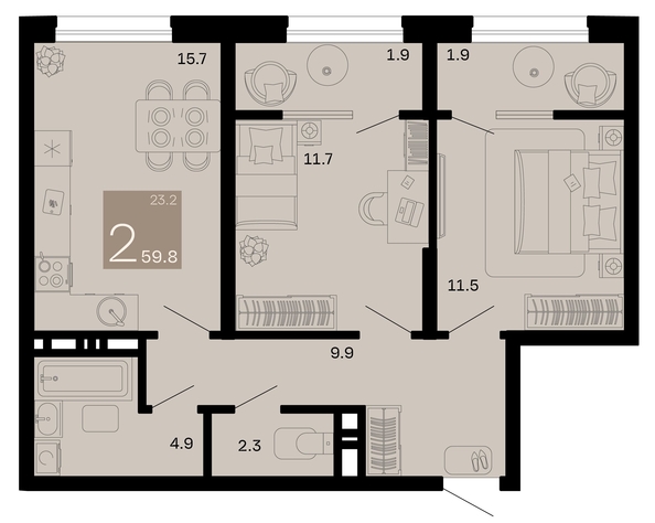 
   Продам 2-комнатную, 59.8 м², Хозяин морей, литер 1

. Фото 6.