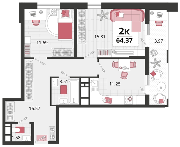 
   Продам 2-комнатную, 64.37 м², Родные просторы, литера 23

. Фото 4.