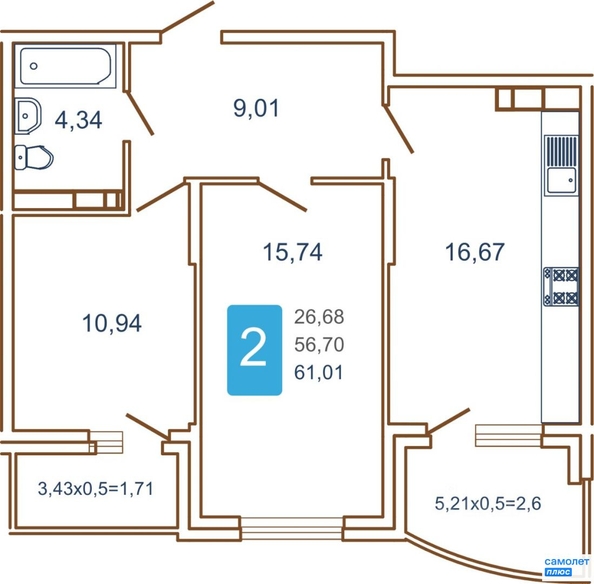 
   Продам 2-комнатную, 61 м², Кирилла Россинского ул, 3/2 к1

. Фото 11.