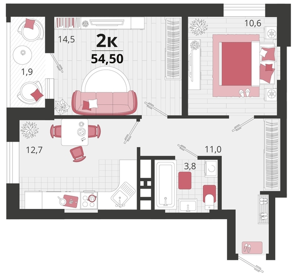 
   Продам 2-комнатную, 54.5 м², Родные просторы, литера 12

. Фото 4.