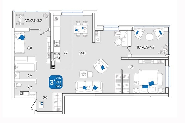 
   Продам 3-комнатную, 77.8 м², Любимово мкр, 18к1

. Фото 7.