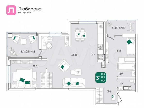 
   Продам 3-комнатную, 77 м², Любимово мкр, 11А

. Фото 8.