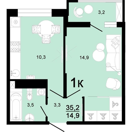 
   Продам 1-комнатную, 35.2 м², Горячий, литера 3

. Фото 1.