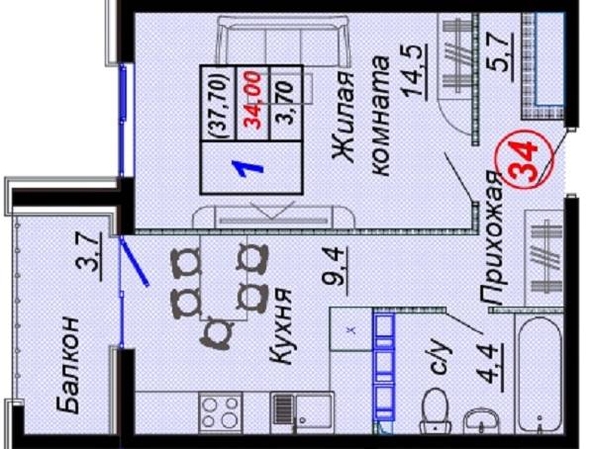 
   Продам 1-комнатную, 37.7 м², Российская ул, 6/21

. Фото 2.