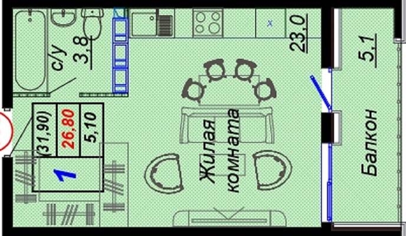 
   Продам 1-комнатную, 31.9 м², Российская ул, 6/21

. Фото 2.