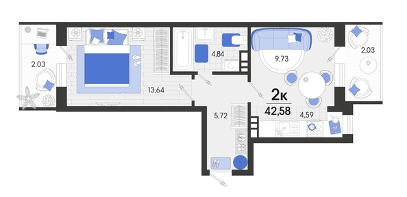 
   Продам 2-комнатную, 42.9 м², Белые росы, литера 9

. Фото 4.