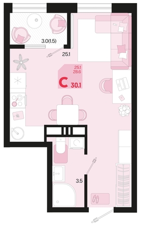 
   Продам 1-комнатную, 30.1 м², Первое место, квартал 1.4, литер 1

. Фото 6.