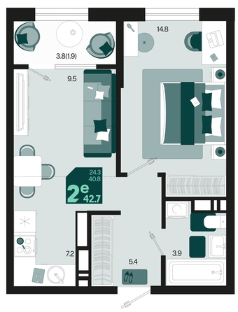 
   Продам 2-комнатную, 42.7 м², Первое место, квартал 1.4, литер 1

. Фото 11.