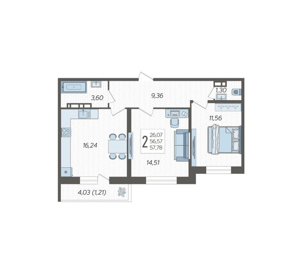 
   Продам 2-комнатную, 57.78 м², Смородина, литера 17

. Фото 2.