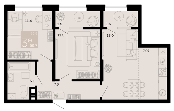 
   Продам 3-комнатную, 59.7 м², Хозяин морей, литер 1

. Фото 6.