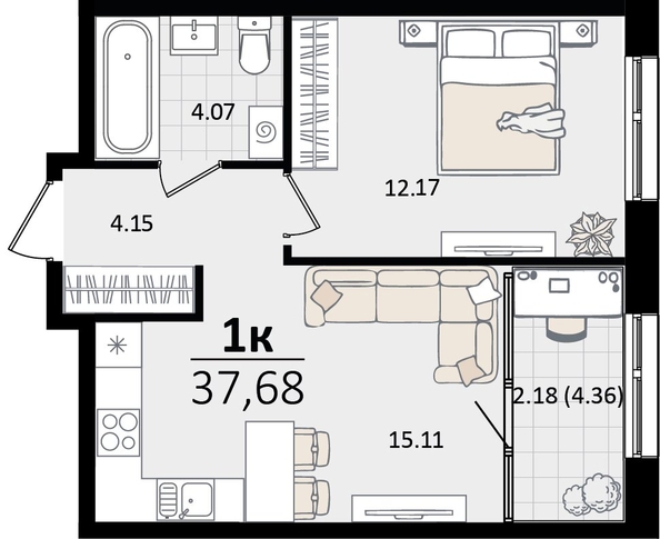 
   Продам 1-комнатную, 37.68 м², Патрики, литер 4.1

. Фото 4.