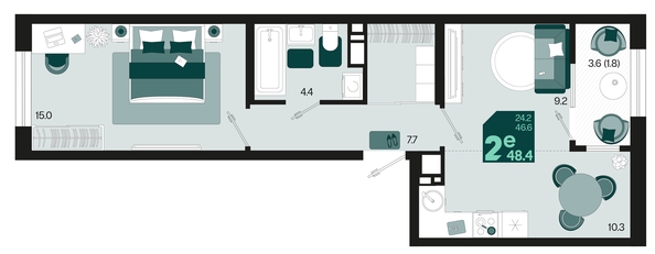 
   Продам 2-комнатную, 48.4 м², Первое место, квартал 1.6, литер 1

. Фото 6.