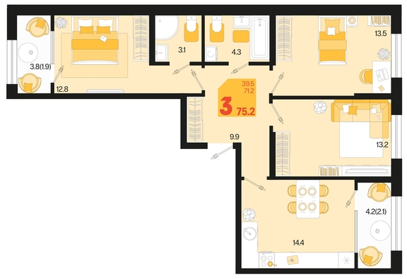 
   Продам 3-комнатную, 75.2 м², Первое место, квартал 1.6, литер 1

. Фото 6.