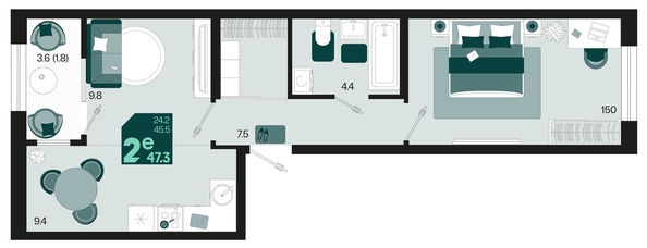 
   Продам 2-комнатную, 47.3 м², Первое место, квартал 1.6, литер 1

. Фото 6.