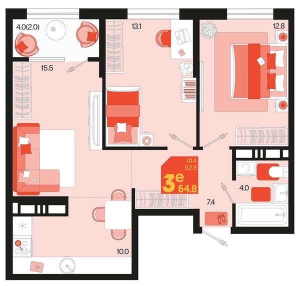 
   Продам 3-комнатную, 64.8 м², Первое место, квартал 1.6, литер 1

. Фото 6.