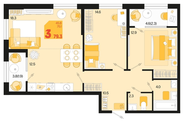 
   Продам 3-комнатную, 79.3 м², Первое место, квартал 1.6, литер 1

. Фото 6.