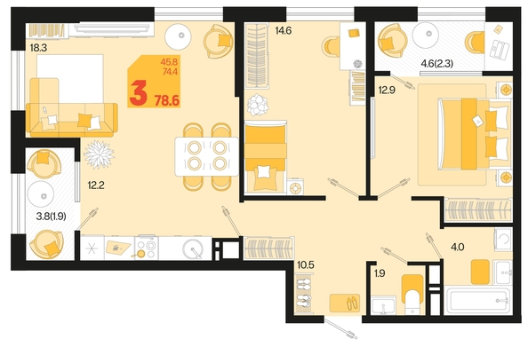 
   Продам 3-комнатную, 78.6 м², Первое место, квартал 1.6, литер 1

. Фото 12.