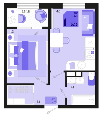 
   Продам 1-комнатную, 37.3 м², Первое место, квартал 1.6, литер 1

. Фото 12.