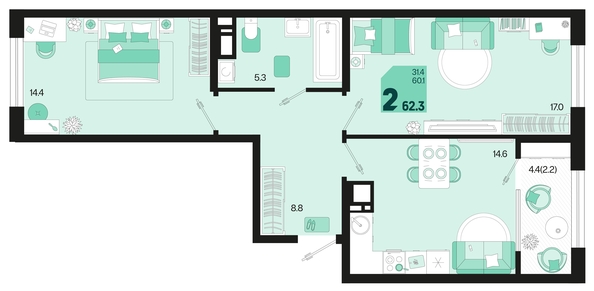 
   Продам 2-комнатную, 62.3 м², Первое место, квартал 1.6, литер 1

. Фото 6.