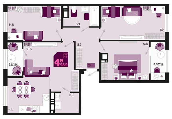 
   Продам 4-комнатную, 98.9 м², Первое место, квартал 1.6, литер 1

. Фото 6.