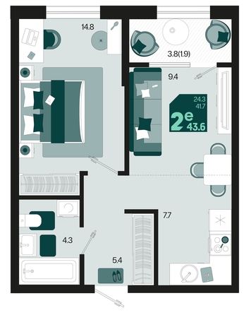 
   Продам 2-комнатную, 43.6 м², Первое место, квартал 1.6, литер 2

. Фото 6.