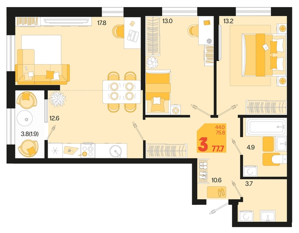 
   Продам 3-комнатную, 77.7 м², Первое место, квартал 1.6, литер 2

. Фото 6.