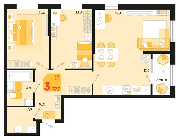 
   Продам 3-комнатную, 77.7 м², Первое место, квартал 1.6, литер 2

. Фото 6.