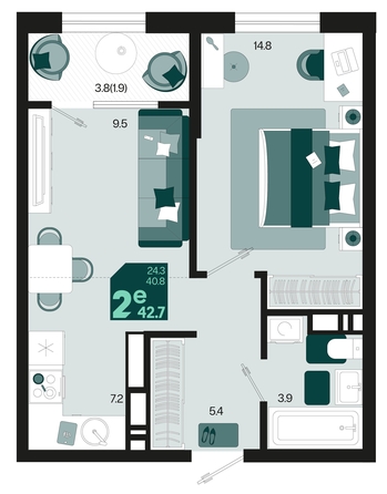 
   Продам 2-комнатную, 42.7 м², Первое место, квартал 1.6, литер 2

. Фото 6.